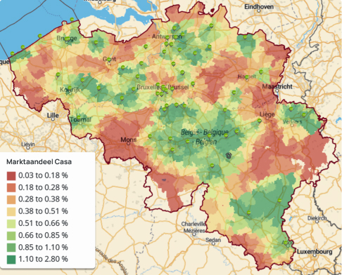 Een heatmap van CASA's marketshare in België per regio (NIS10)